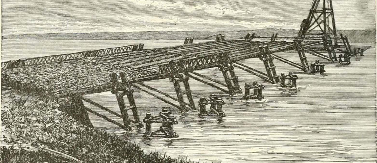 Illustration of Caesar’s Rhine Bridge from “History of Rome, and of the Roman people, from its origin to the invasion of the barbarians" (1883)