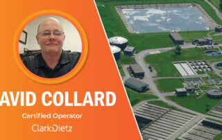 headshot of david collard, certified operator, to the left of an aerial image of a wastewater treatment facility