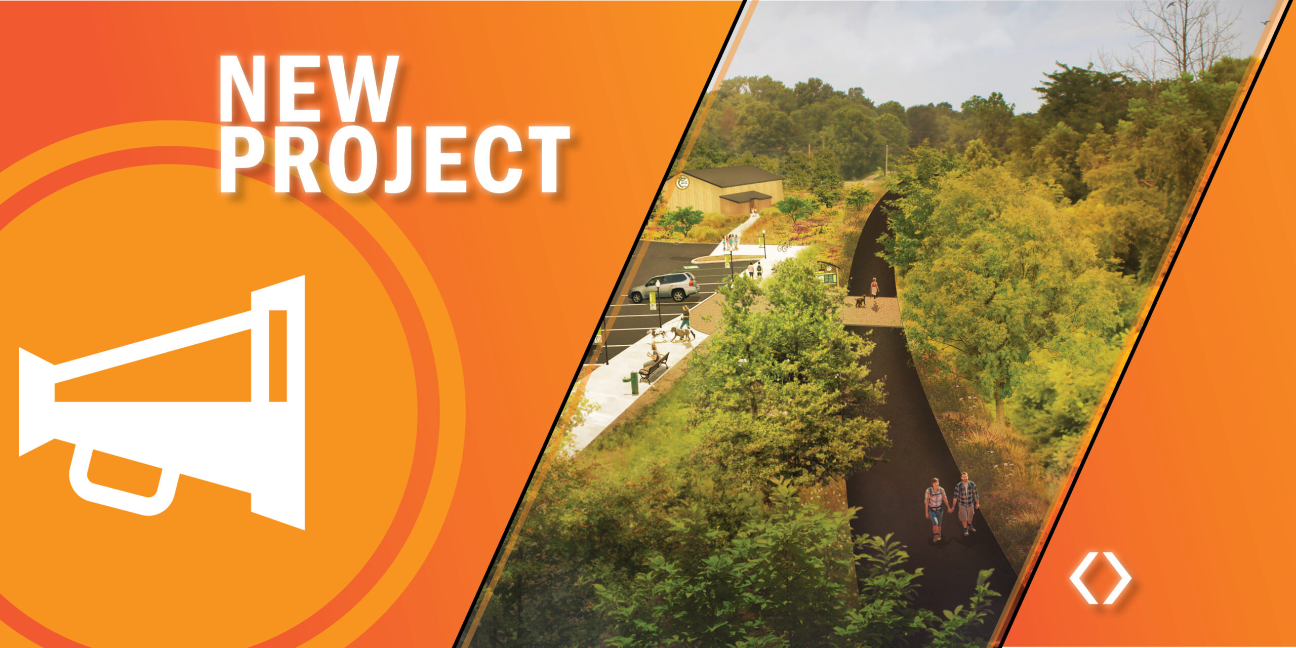graphic featuring a rendering of a trail design project with a bullhorn icon and the text "new project"
