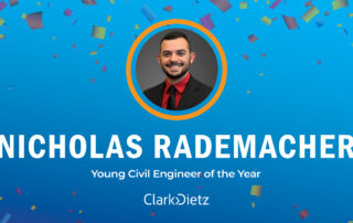 headshot of nicholas rademacher and the words "young civil engineer of the year"