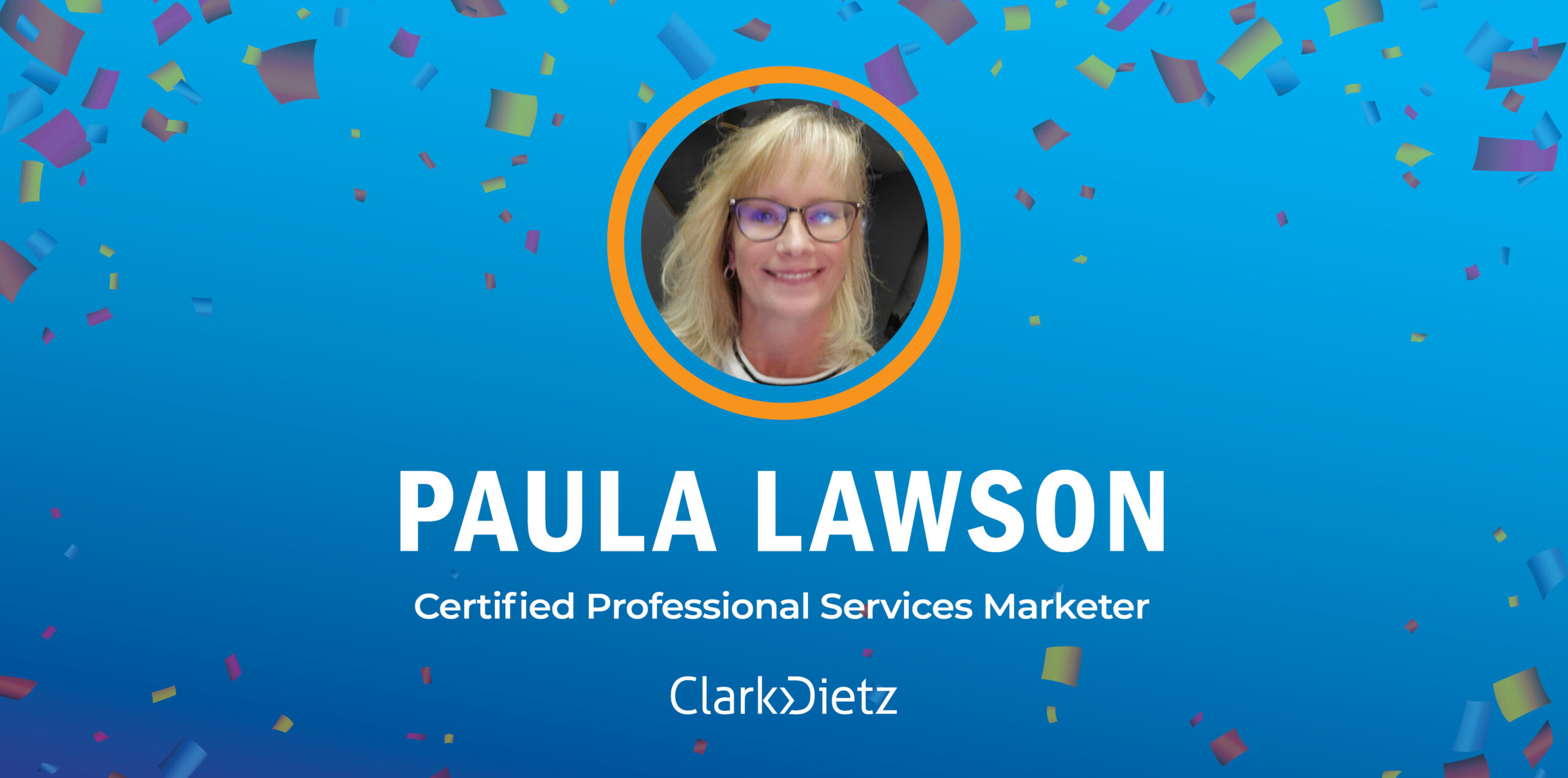 headshot of paula lawson. Text reads "Certified professional services marketer"