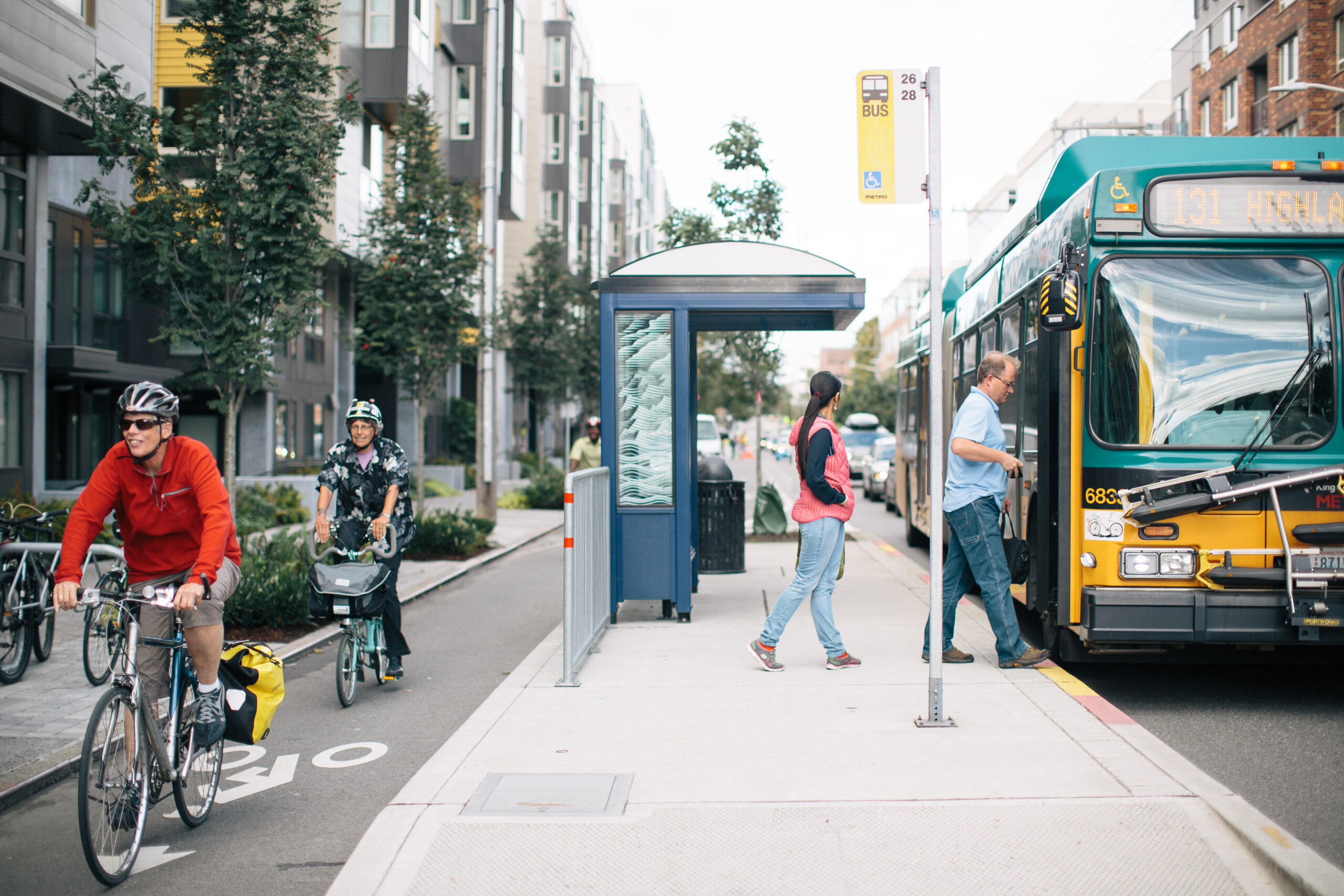 image showing bicycle, pedestrian, and public transportation traffic