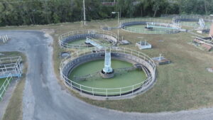 Aerial view of a wastewater treatment plant.