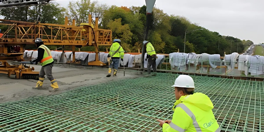 This image shows a bridge construction site where workers in high-visibility gear and hard hats are actively engaged in pouring and smoothing concrete over a reinforced steel rebar structure.