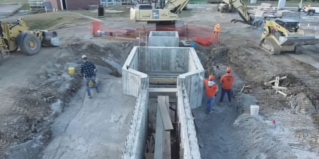 This image provides a view of the construction site, emphasizing a large concrete structure being installed. Workers wearing safety gear are actively engaged in the process, with one using a plate compactor for soil stabilization.