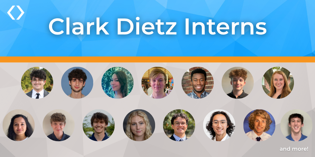 The featured image for the intern blog post. 15 intern headshots are featured, with the words "Clark Dietz Interns" above it