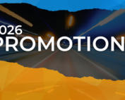 Promotions graphic that says 2026 Promotions, with orange and blue geometrics overlaying a street scene