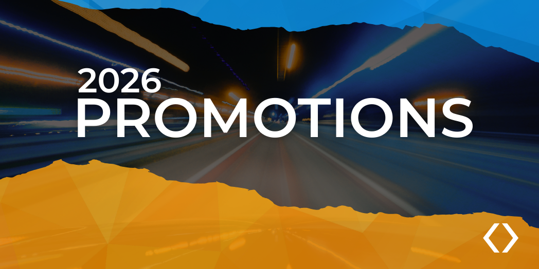 Promotions graphic that says 2026 Promotions, with orange and blue geometrics overlaying a street scene