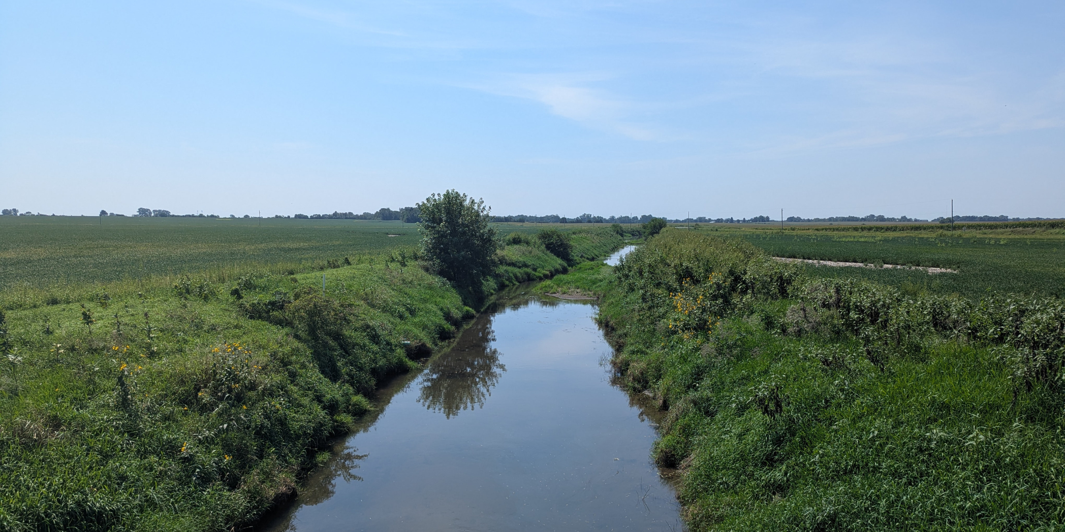 Waterway flowing between grassy banks and agricultural fields along the County Line Road corridor.