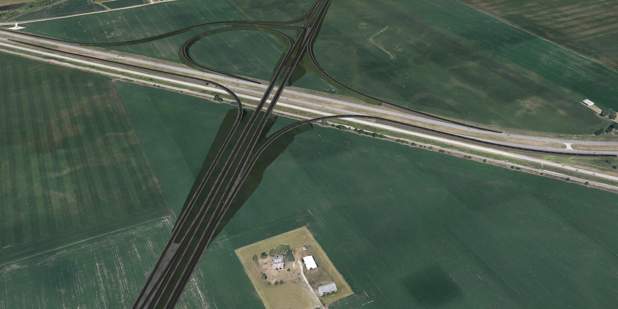 Aerial rendering of a proposed East Side Highway interchange, showing an elevated highway crossing an existing interstate with connecting ramps amid farmland.