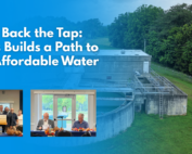 Sturgis water treatment facility with inset photos of the funding presentation and City leaders, titled “Taking Back the Tap.”
