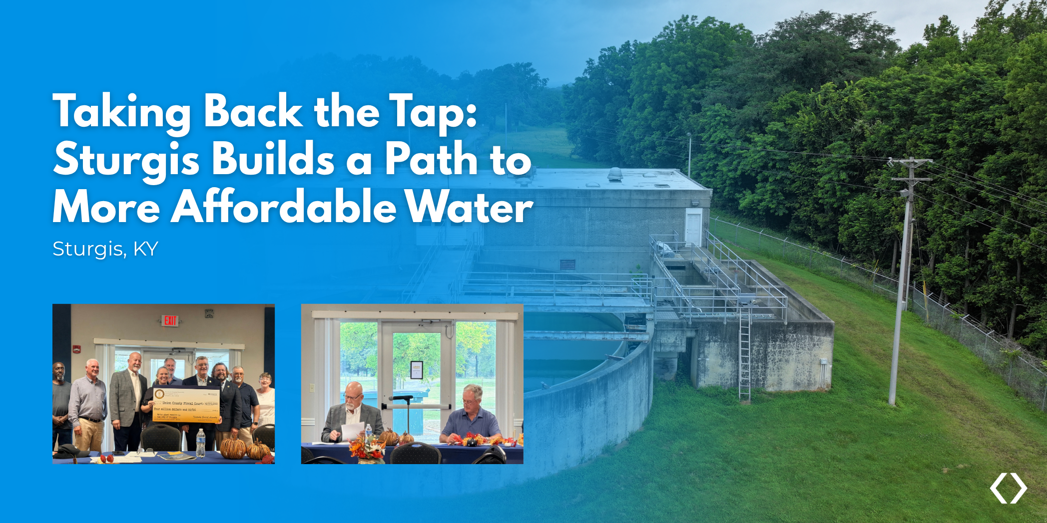 Sturgis water treatment facility with inset photos of the funding presentation and City leaders, titled “Taking Back the Tap.”