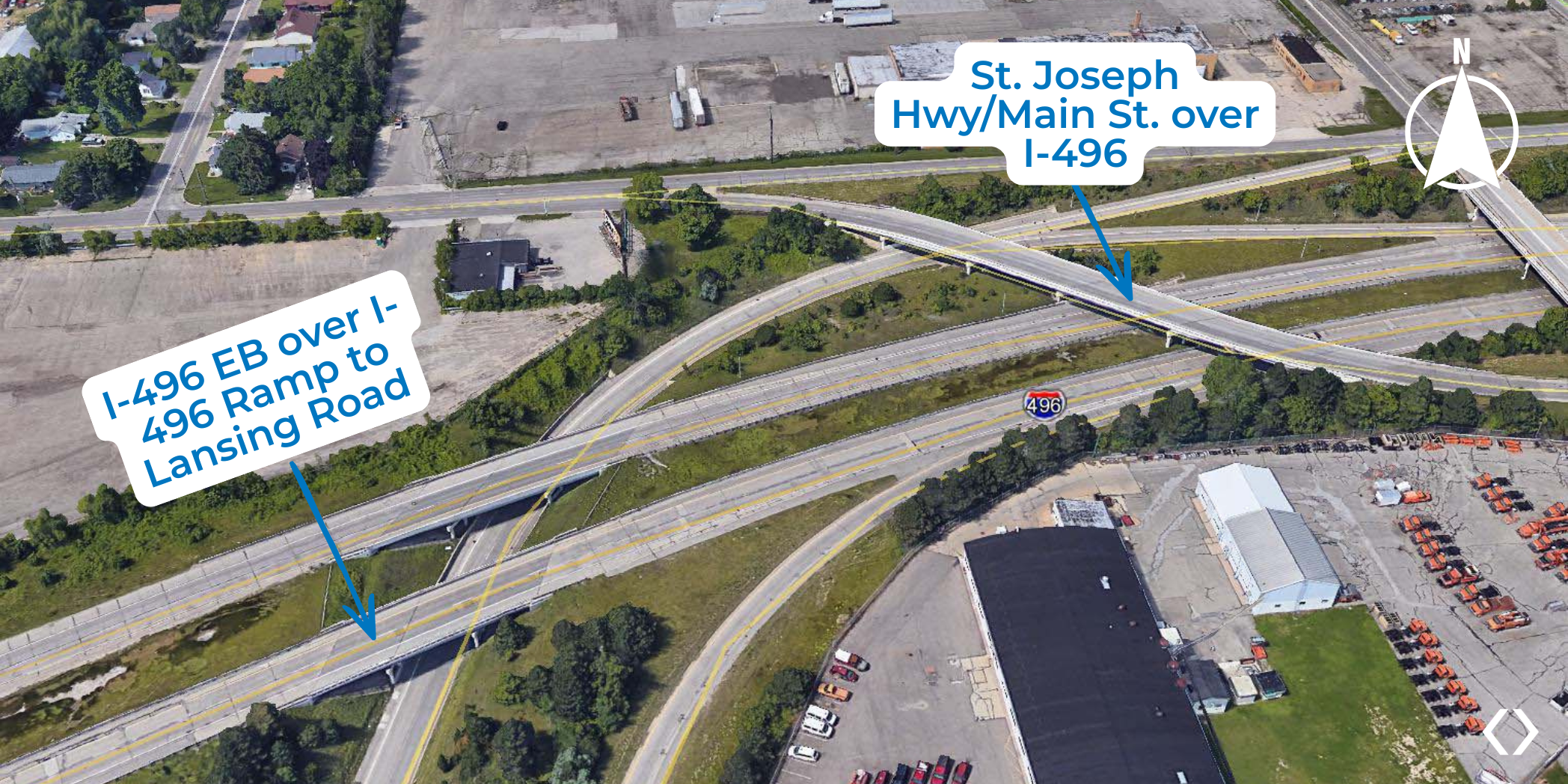 Aerial map identifying the bridge carrying eastbound I-496 over the Lansing Road ramp and the St. Joseph Highway/Main Street bridge over I-496.