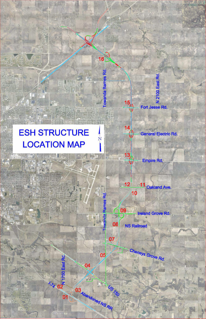 Aerial map showing the proposed East Side Highway alignment east of Bloomington-Normal, with numbered structure locations at roadway and railroad crossings.